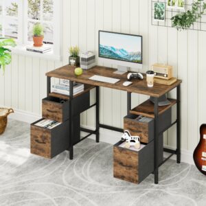 YAOHUOO 47 Inches Computer Desk with 4 Fabric Drawers, Small Office Desk with File Drawers, Writing Desk for Home Office, Work Table for Bedroom, Rustic Brown