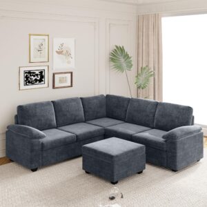 merax 84"x84" 6 seat velvet sectional sofa set, large l shaped corner couch with ottoman, armrest pillow, upholstered indoor furniture for living room, apartment, office, gray