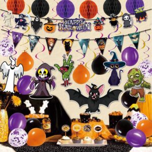 2024 Halloween Birthday Party Decoration,Cute Halloween Garland Bunting Banner Triangle Flag with Foil Swirl Ceiling Hanging Cards,Pumpkin Ghost Witches Bat Spider Skull Sticker