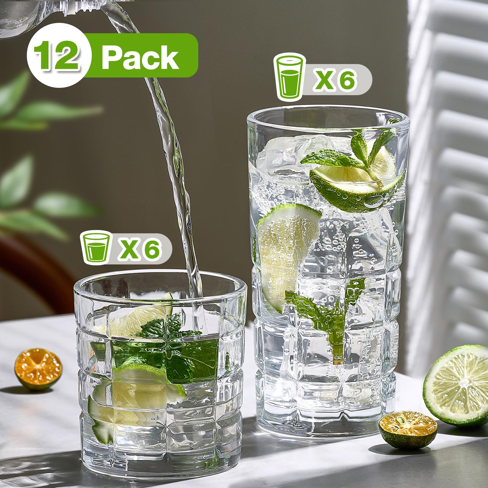 Bulk Drinking Glasses Set of 12, Clear Glass Cups, Mixed Glassware Sets, 15 OZ Large Highball Water Glasses & 11 OZ Rock Glasses, Tumbler Drinkware Kitchen for Cocktail Iced Coffee Beer Tea Whiskey