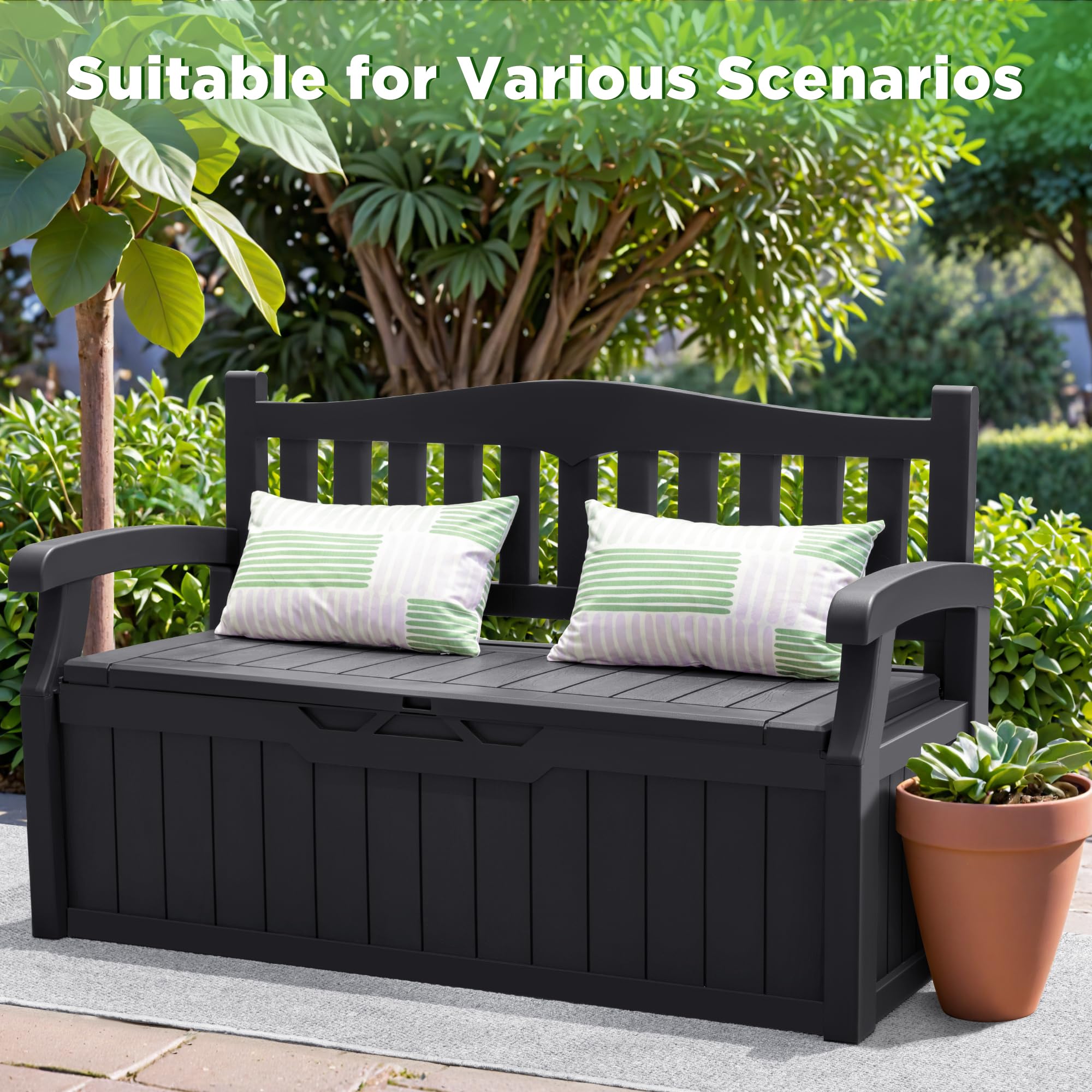 Greesum 70 Gallon Storage Bench Outdoor Deck Box with Armrest, Patio Furniture,Lockable, Waterproof and UV Resistant, Suitable for Garden, Pool, Black