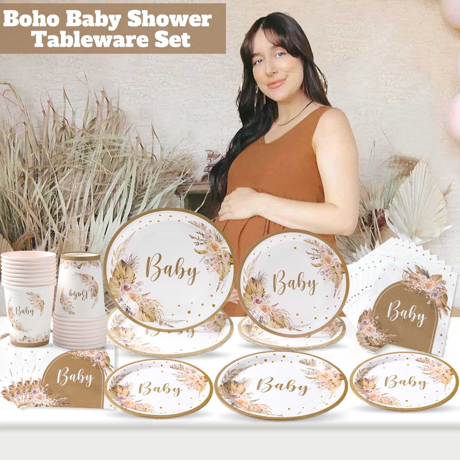 Boho Baby Shower Decorations Plates and Napkins Tableware for 24 Guests, Pampas Grass Floral Paper Plates Cups Design for Neutral Baby Shower Girl Boy Boho Party Supplies