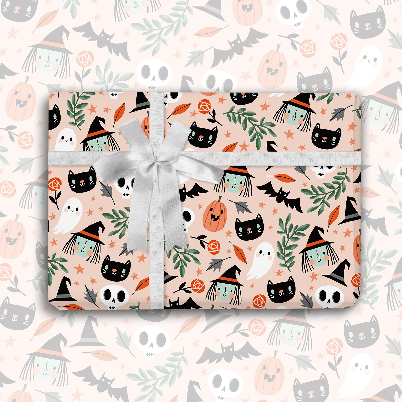 JarThenaAMCS 6 Sheets Halloween Wrapping Paper - Not Roll - Cute Pumpkin Ghost Cat Gift Wrap Paper Folded Flat DIY Craft Paper for Birthday Baby Shower Party Decor, 27.6 x 39.4 Inch