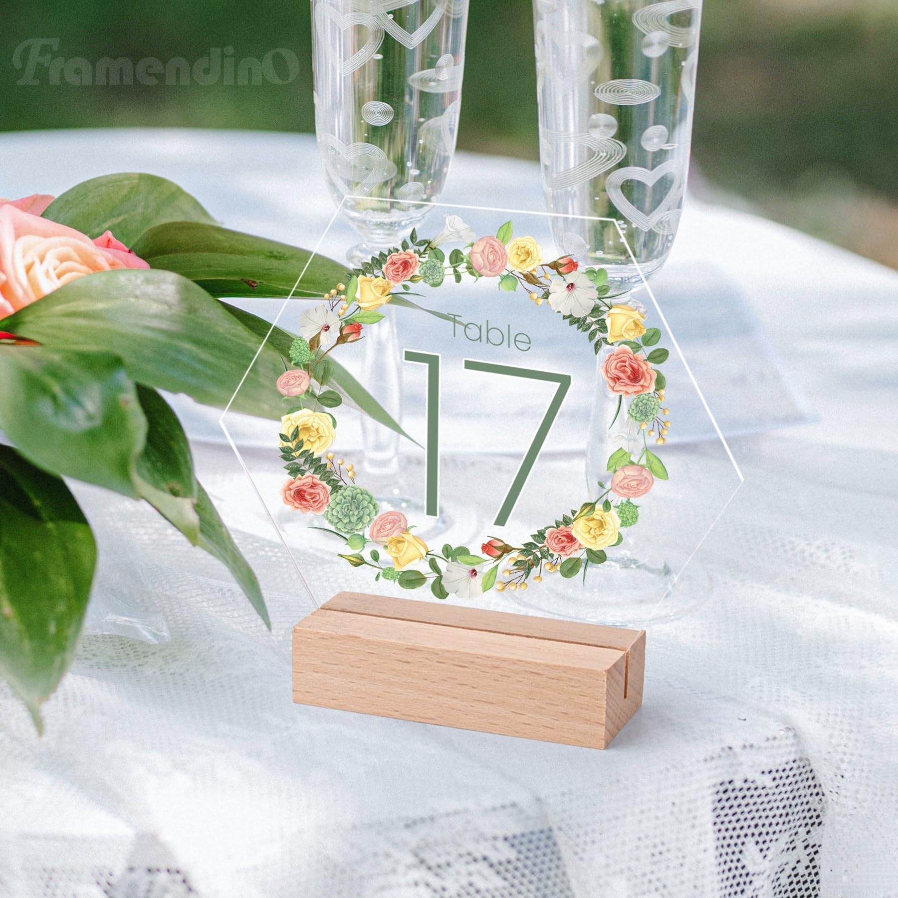 Framendino, 10 Pack Hexagon Acrylic Table Sign with Wood Stand DIY Acrylic Wedding Signs Blank Holder Table Numbers with Wood Base for Wedding Party Decor