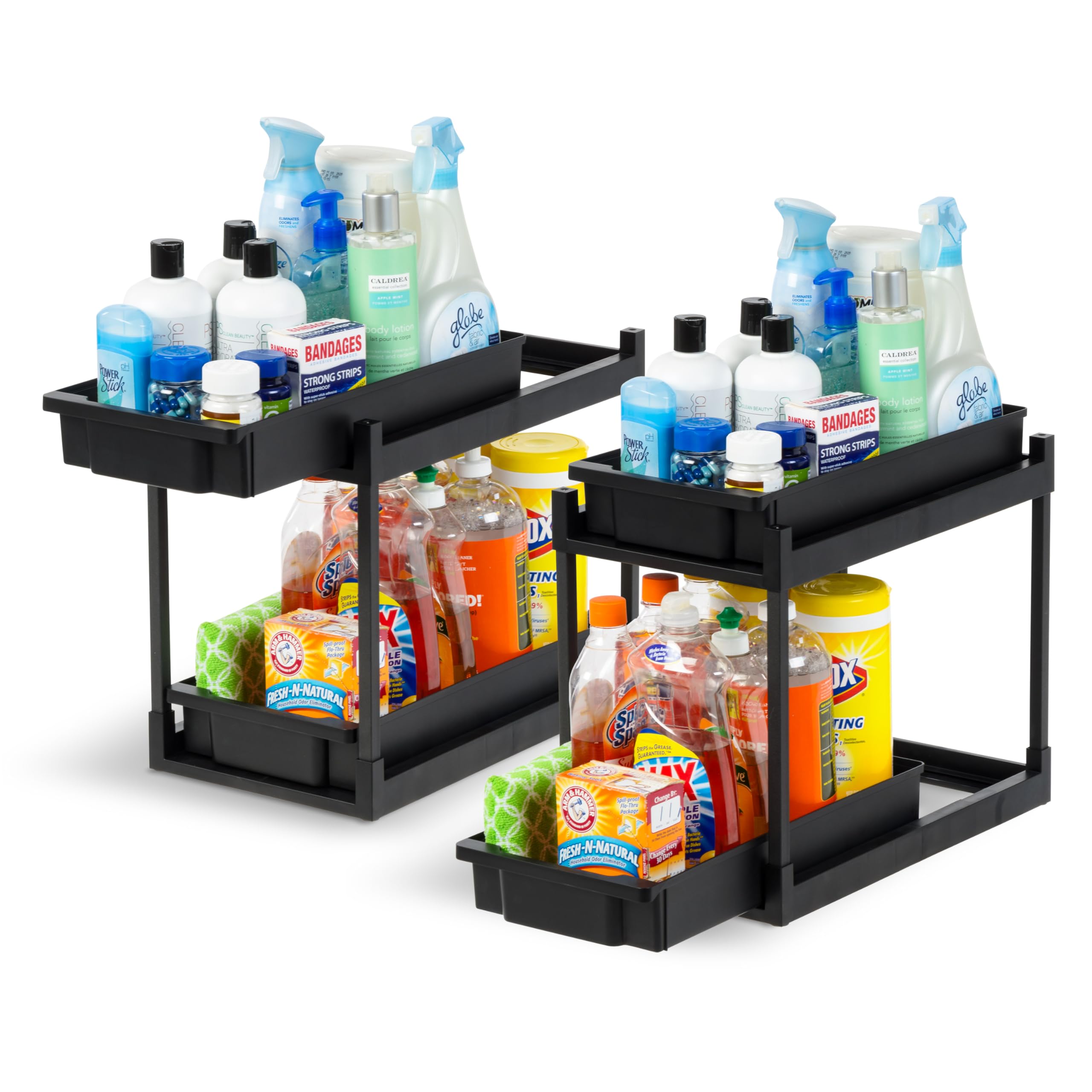 IRIS USA 2-Tier Under Sink Organizer, 2 Pack, Storage with Sliding Drawers - Versatile Solution for Office, Kitchen or Bathroom - Black