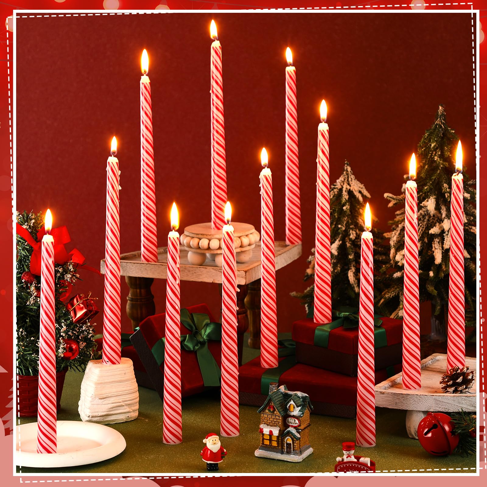 Tujoe 12 Pcs Christmas Taper Candles 10 Inch Tall Red and White Stripes Candles Long Burning Candles Christmas Decoration Christmas Candle for Christmas Dinner Xmas Party Table Decoration