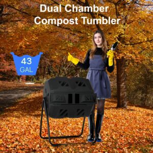 FDW Outdoor Compost Bin, 43 Gallon Dual Chamber Tumbling Composting Bin with Sliding Doors for Garden Patio Kitchen Yard，Black Door