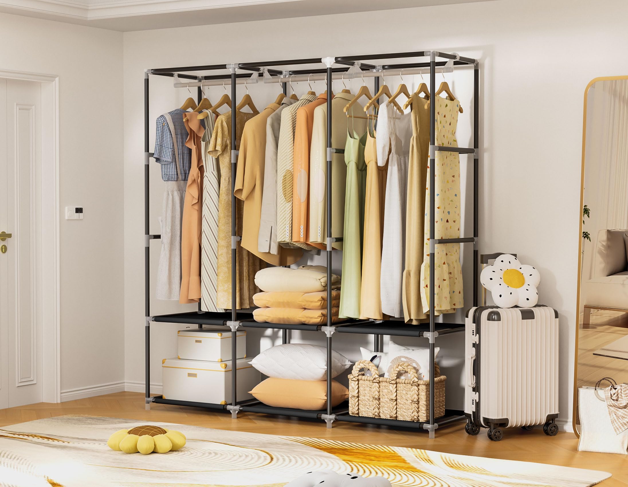 Neatrays Wardrobe Closet，Portable Closets for Hanging Clothes,Free Standing Clothes Rack with Cover & 3 Hanging rods & 6 Storage Shelves & 2 Side Pockets