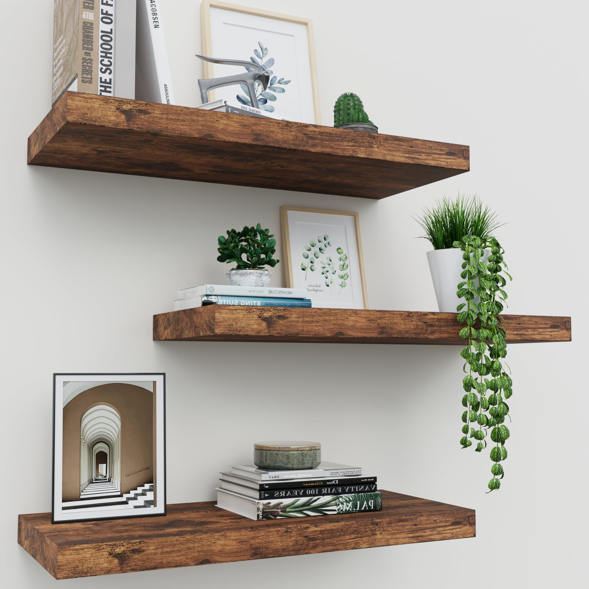 Upassion Floating Shelves for Wall Set of 3, 16" Rustic Brown Wall Shelves for Home Decor, Frame Display Wall Mounted Floating Shelf for Living Room, Bedroom, Bathroom, Kitchen