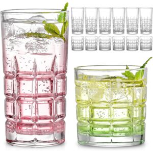 bulk drinking glasses set of 12, clear glass cups, mixed glassware sets, 15 oz large highball water glasses & 11 oz rock glasses, tumbler drinkware kitchen for cocktail iced coffee beer tea whiskey