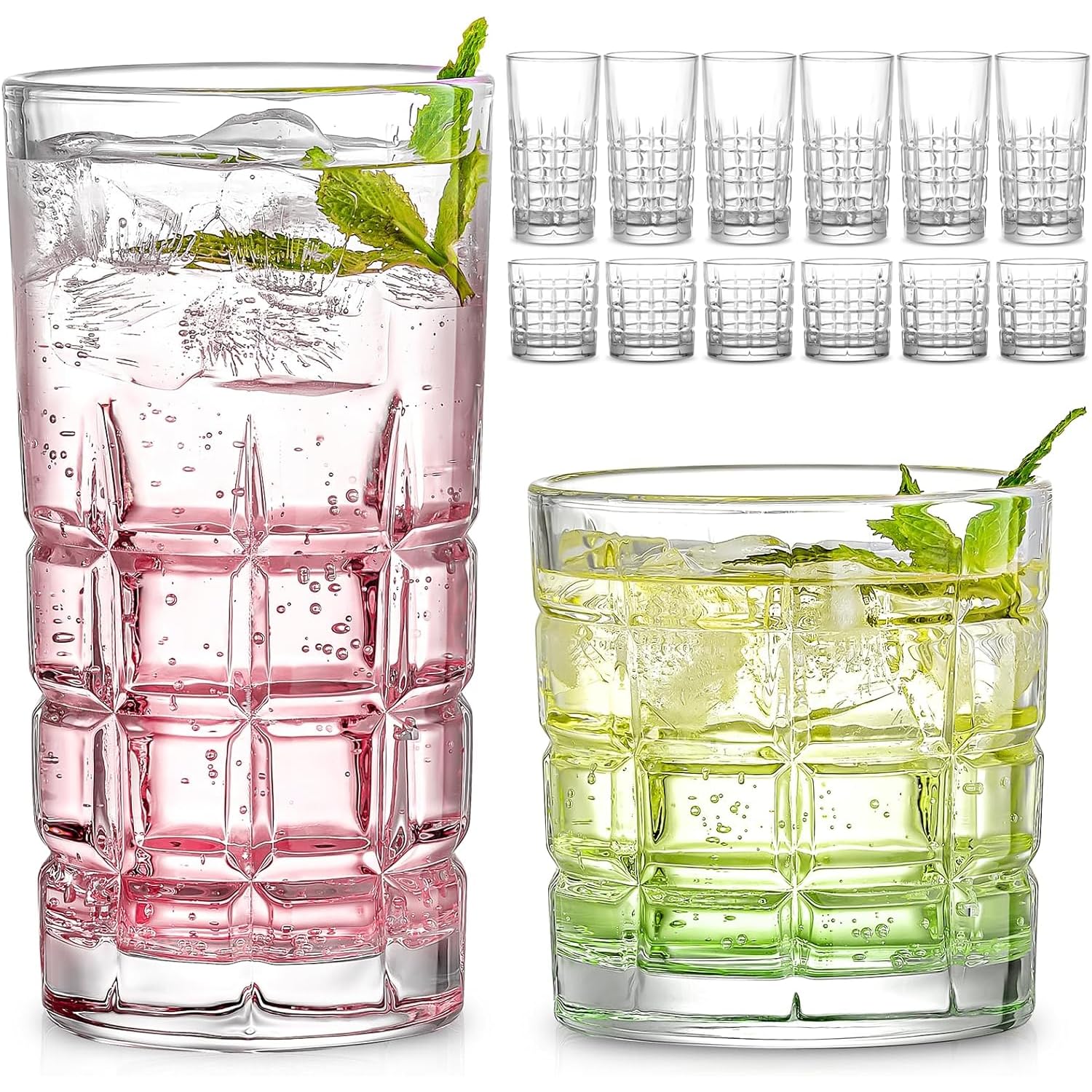 Bulk Drinking Glasses Set of 12, Clear Glass Cups, Mixed Glassware Sets, 15 OZ Large Highball Water Glasses & 11 OZ Rock Glasses, Tumbler Drinkware Kitchen for Cocktail Iced Coffee Beer Tea Whiskey