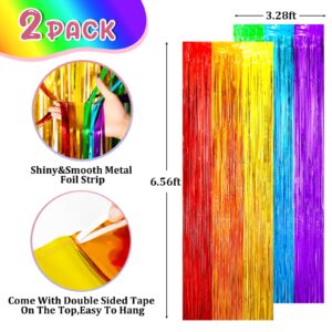 2 Pack Rainbow Foil Fringe Backdrop Curtains, Tinsel Streamers Birthday Party Decorations, Fringe Backdrop for Graduation, Baby Shower, Gender Reveal, Disco Party