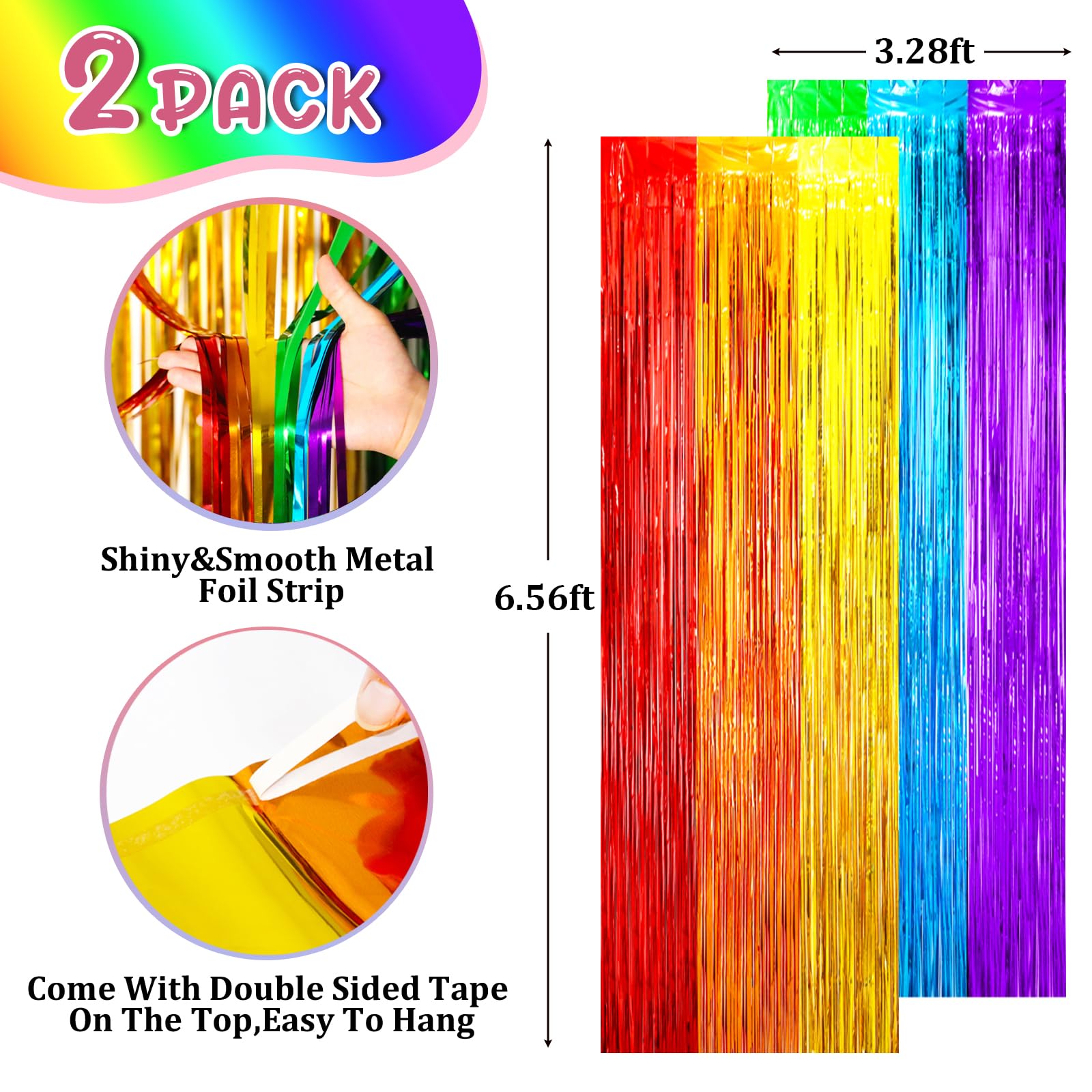 2 Pack Rainbow Foil Fringe Backdrop Curtains, Tinsel Streamers Birthday Party Decorations, Fringe Backdrop for Graduation, Baby Shower, Gender Reveal, Disco Party