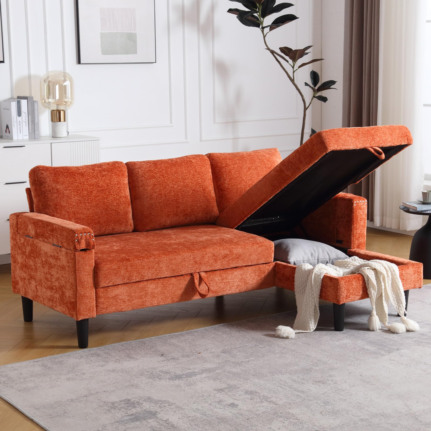 OUYESSIR L Shaped Sleeper Convertible Sofa with Pull Out Bed, Chenille Modern 3 Seater Sofa Couch with Storage Chaise Lounge & Laptop Table, Upholstered Furniture for Living Room Bedroom, Orange