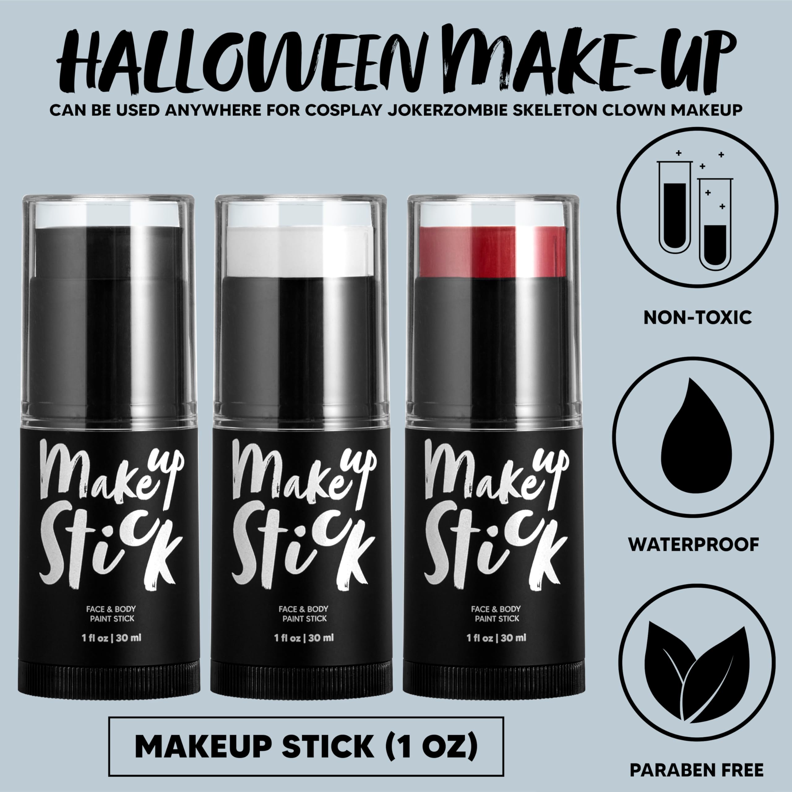 Spooktacular Creations 3 PCS Halloween Makeup Face Body Paint Set Foundation Makeup Stick Kit Halloween Eye Makeup SFX Zombie Cosplay for Adult and Kids Party Dress Up (Black White Red)