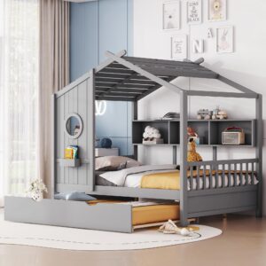 eovtk full size wooden house bed with trundle & storage shelves, twin kids bed frame with roof, strong sturdy wood slats support for kids girls boys, gray