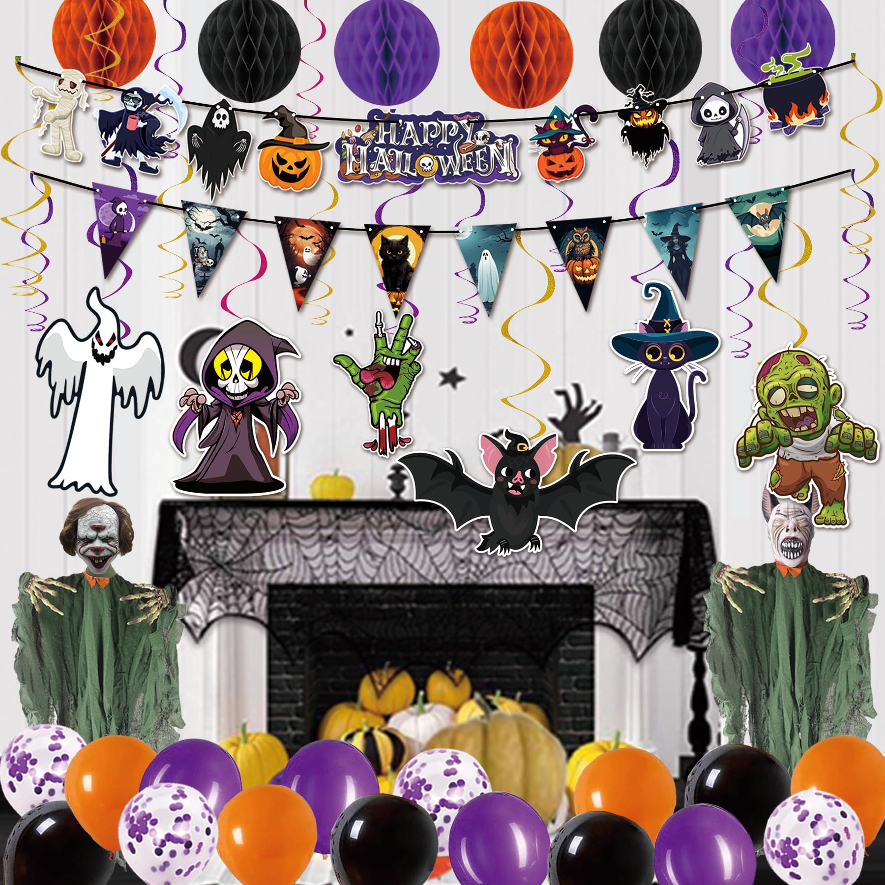 2024 Halloween Birthday Party Decoration,Cute Halloween Garland Bunting Banner Triangle Flag with Foil Swirl Ceiling Hanging Cards,Pumpkin Ghost Witches Bat Spider Skull Sticker