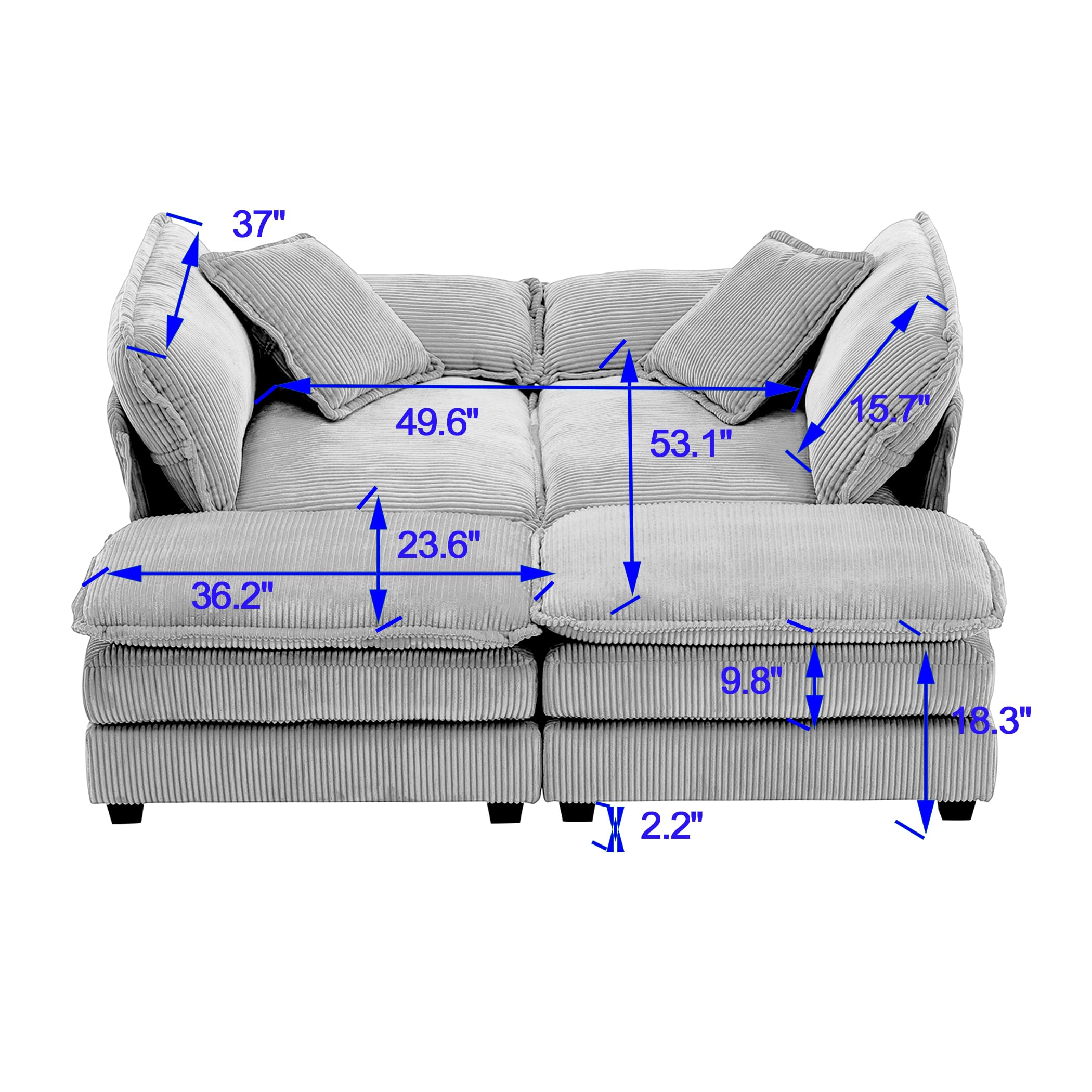 ERYE Oversized Loveseat Sectional Sofa Modern Deep Seat Reversible Chaises Couch with 2 Movable Ottomans and Pillows, Modular Corduroy Upholstered Sleeper Daybed for Living Room,Apartment,Office