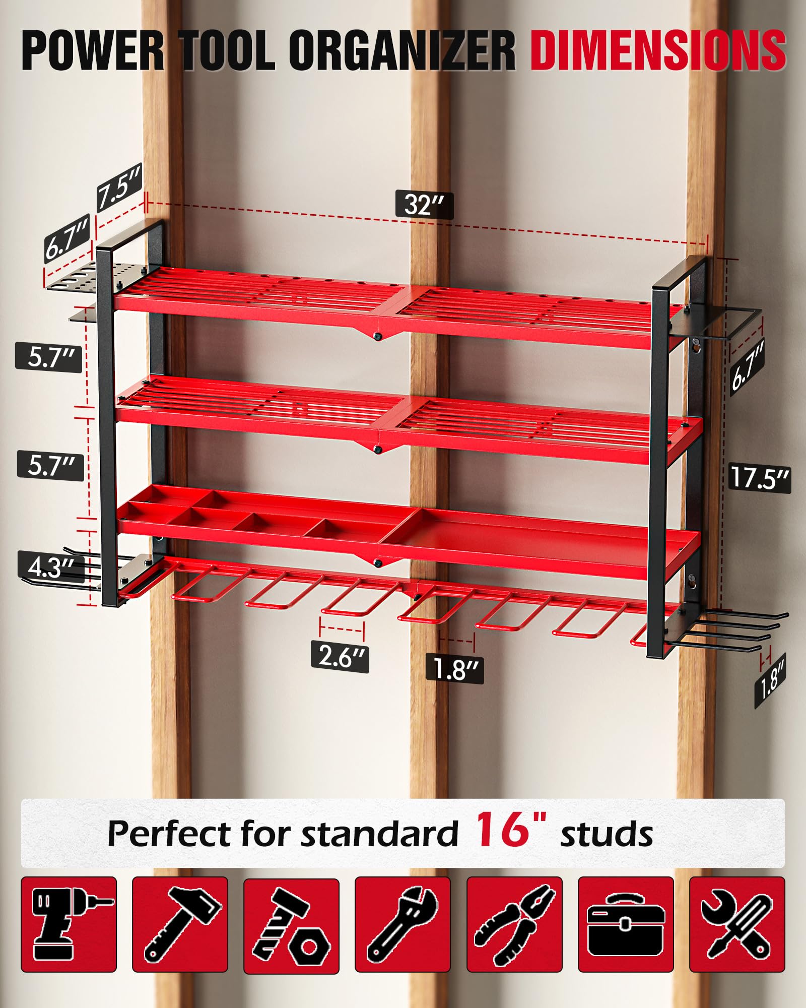 EACONPT Power Tool Organizer, 4 Layer Metal Tool Organizers and Storage, 11 Drill Holder Wall Mount, Power Tool Organizer Wall Mount, Heavy Duty Tool Organizer for Garage Storage, Gifts for Men, Red