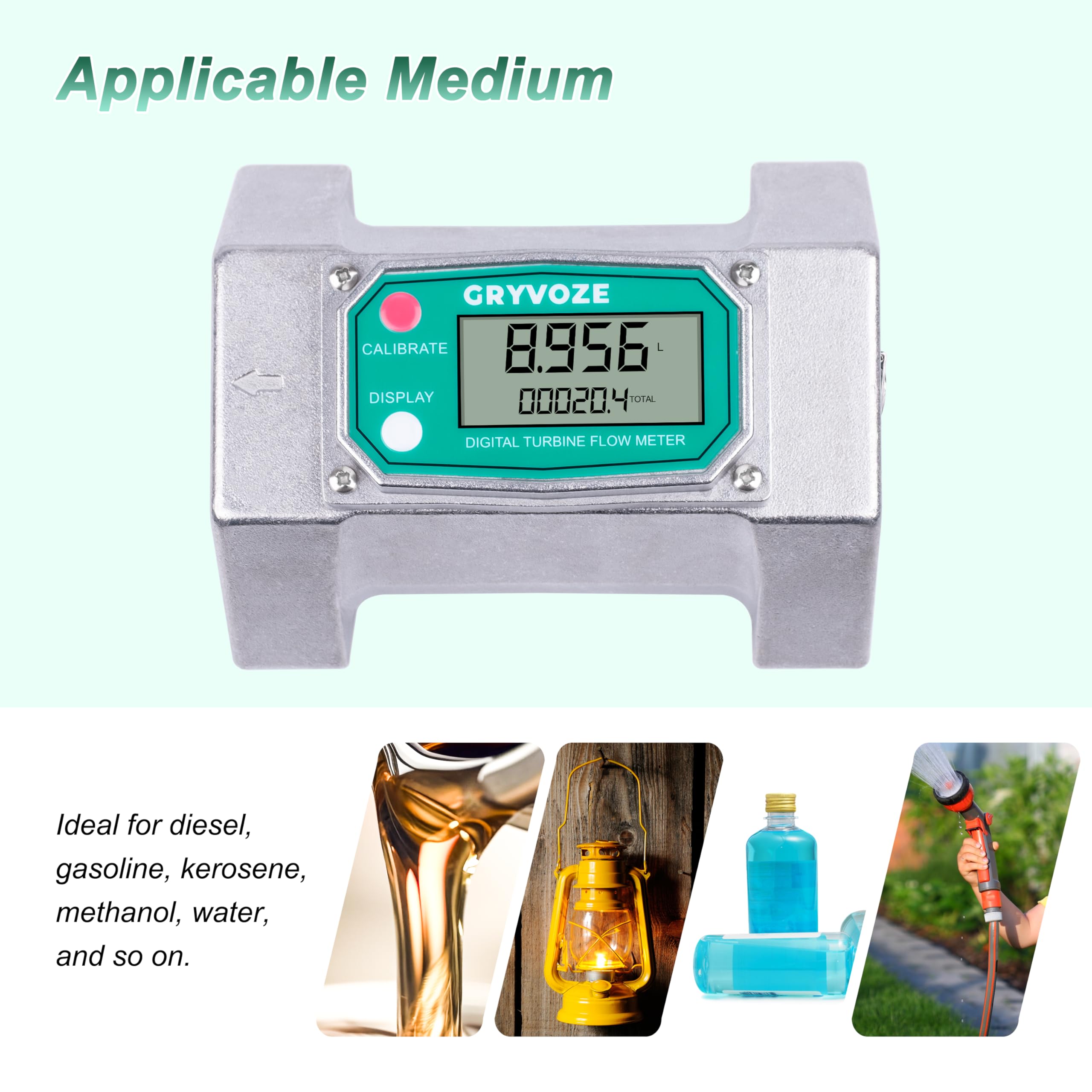 GRYVOZE 3 Inch Digital Flow Meter, 21-264 GPM Inline NPT Thread Fuel Turbine Flowmeter with LCD Display for Water, Diesel, Gas Oil, Gasoline, and Other Liquids (5 Units: Gallon, QTS, PTS, L, m³)