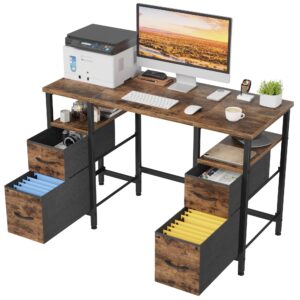 yaohuoo 47 inches computer desk with 4 fabric drawers, small office desk with file drawers, writing desk for home office, work table for bedroom, rustic brown