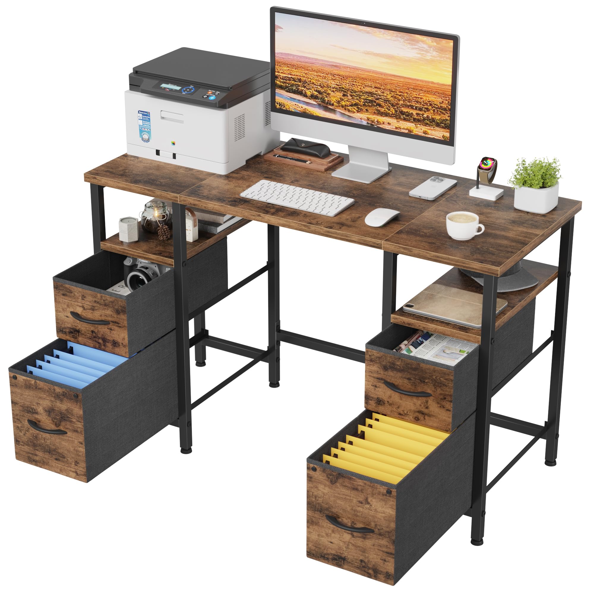 YAOHUOO 47 Inches Computer Desk with 4 Fabric Drawers, Small Office Desk with File Drawers, Writing Desk for Home Office, Work Table for Bedroom, Rustic Brown