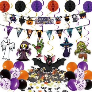 2024 halloween birthday party decoration,cute halloween garland bunting banner triangle flag with foil swirl ceiling hanging cards,pumpkin ghost witches bat spider skull sticker