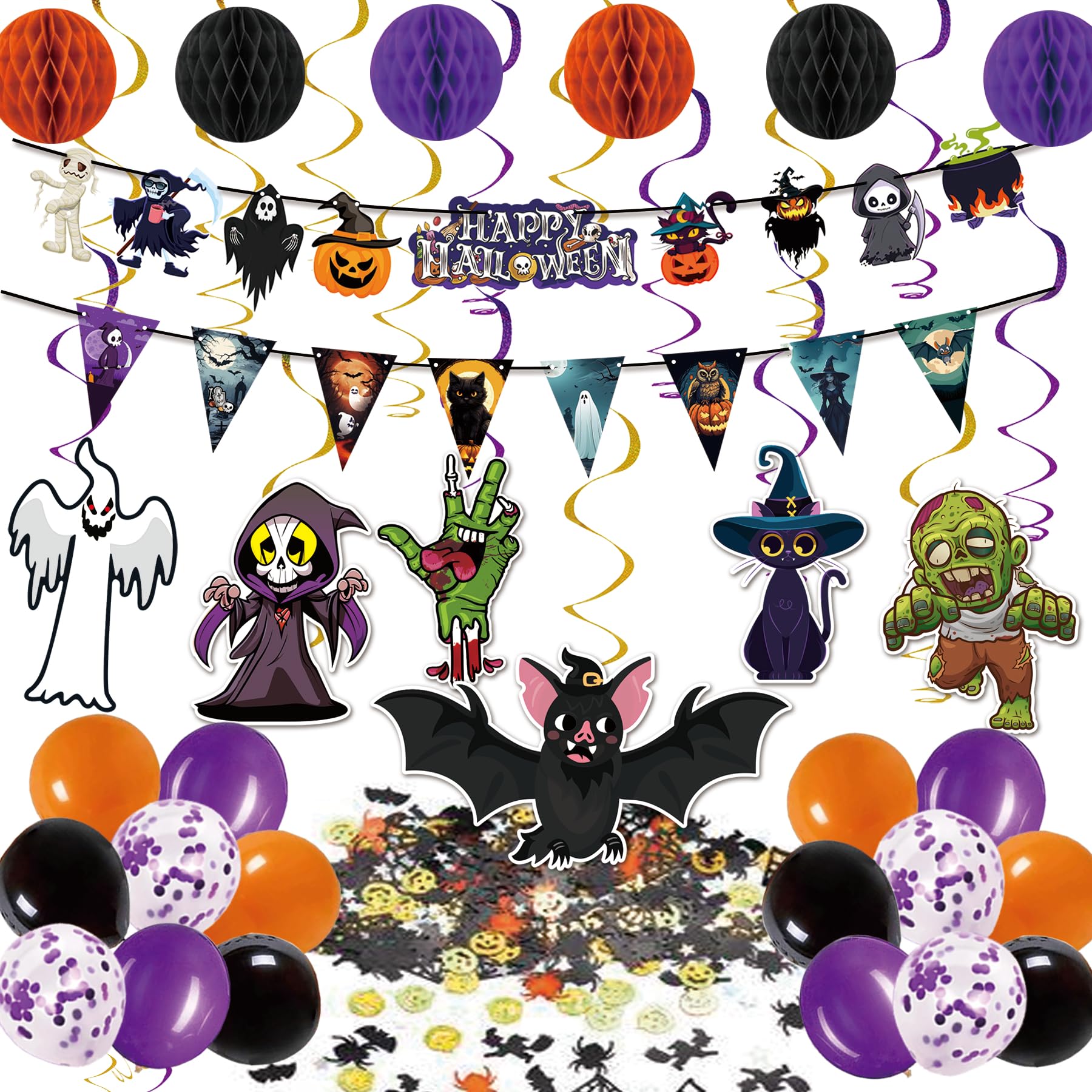 2024 Halloween Birthday Party Decoration,Cute Halloween Garland Bunting Banner Triangle Flag with Foil Swirl Ceiling Hanging Cards,Pumpkin Ghost Witches Bat Spider Skull Sticker