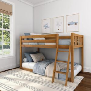 max & lily fundamental twin low bunk bed, kids solid wood modern bed frame with strong wooden slats, non-toxic finishes, high weight capacity, pecan