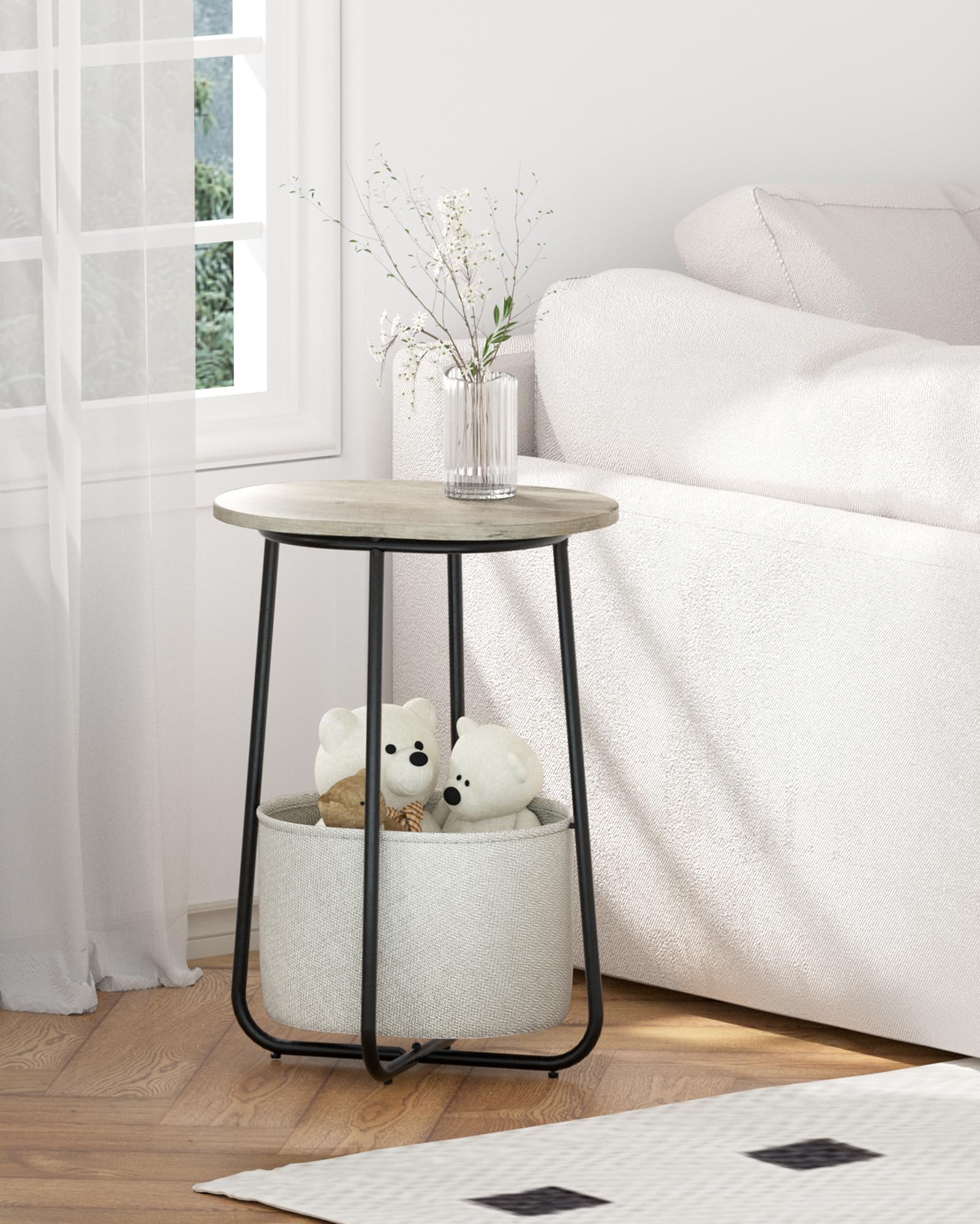 TUTOTAK Small Side Table, Oval End Table, Night Stand, Bedside Table, Sofa Table with Cloth Storage Basket, Living Room, Bed Room, Greige TB01BG063