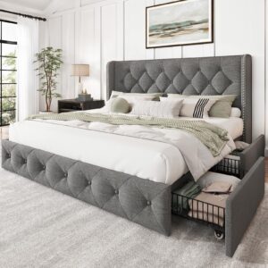 larmace queen size bed frame linen upholstered bed with 4 storage drawers and wingback headboard tufted platform beds frame with wood slats support, no box spring needed, light grey