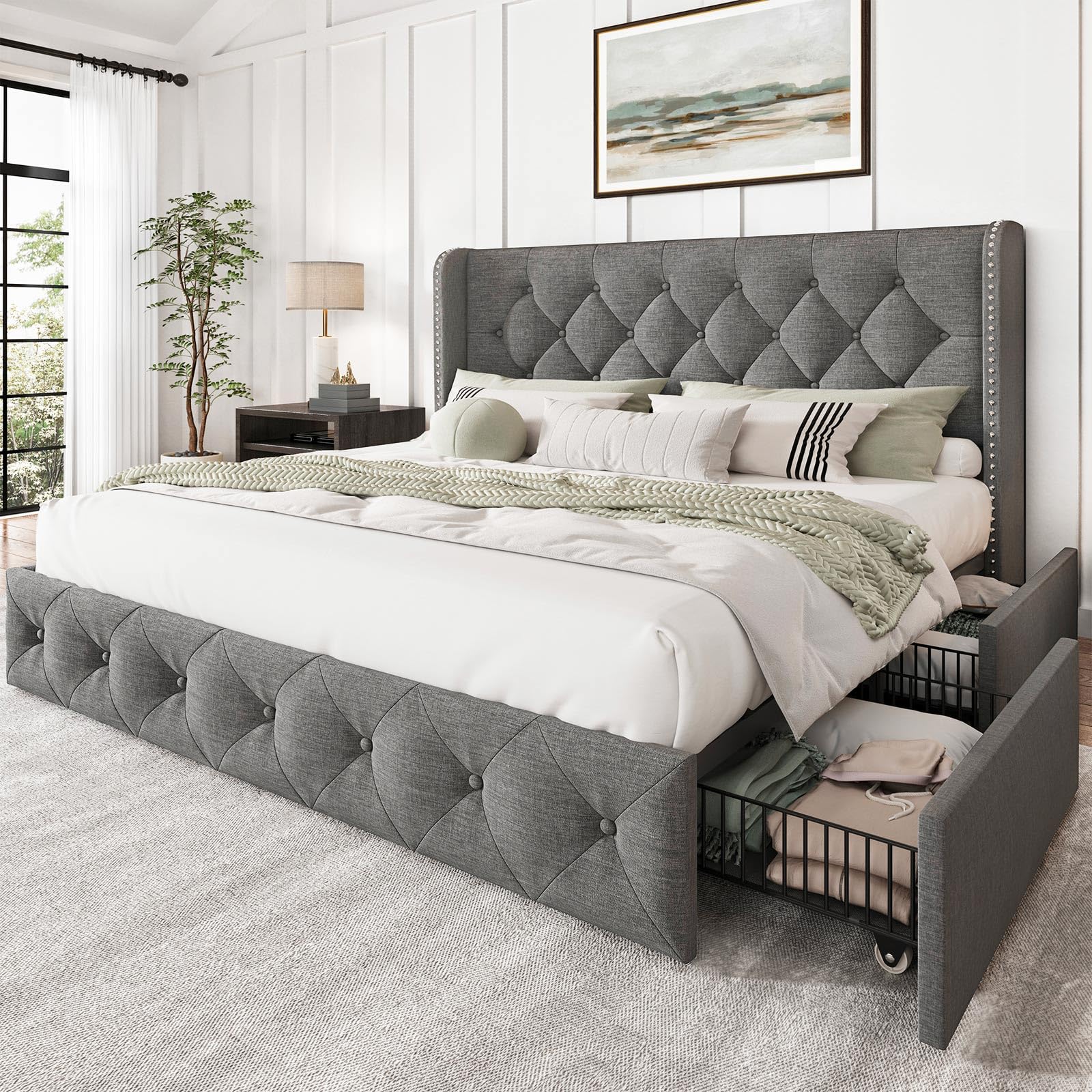 LARMACE Queen Size Bed Frame Linen Upholstered Bed with 4 Storage Drawers and Wingback Headboard Tufted Platform Beds Frame with Wood Slats Support, No Box Spring Needed, Light Grey