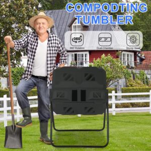 FDW Outdoor Compost Bin, 43 Gallon Dual Chamber Tumbling Composting Bin with Sliding Doors for Garden Patio Kitchen Yard，Black Door