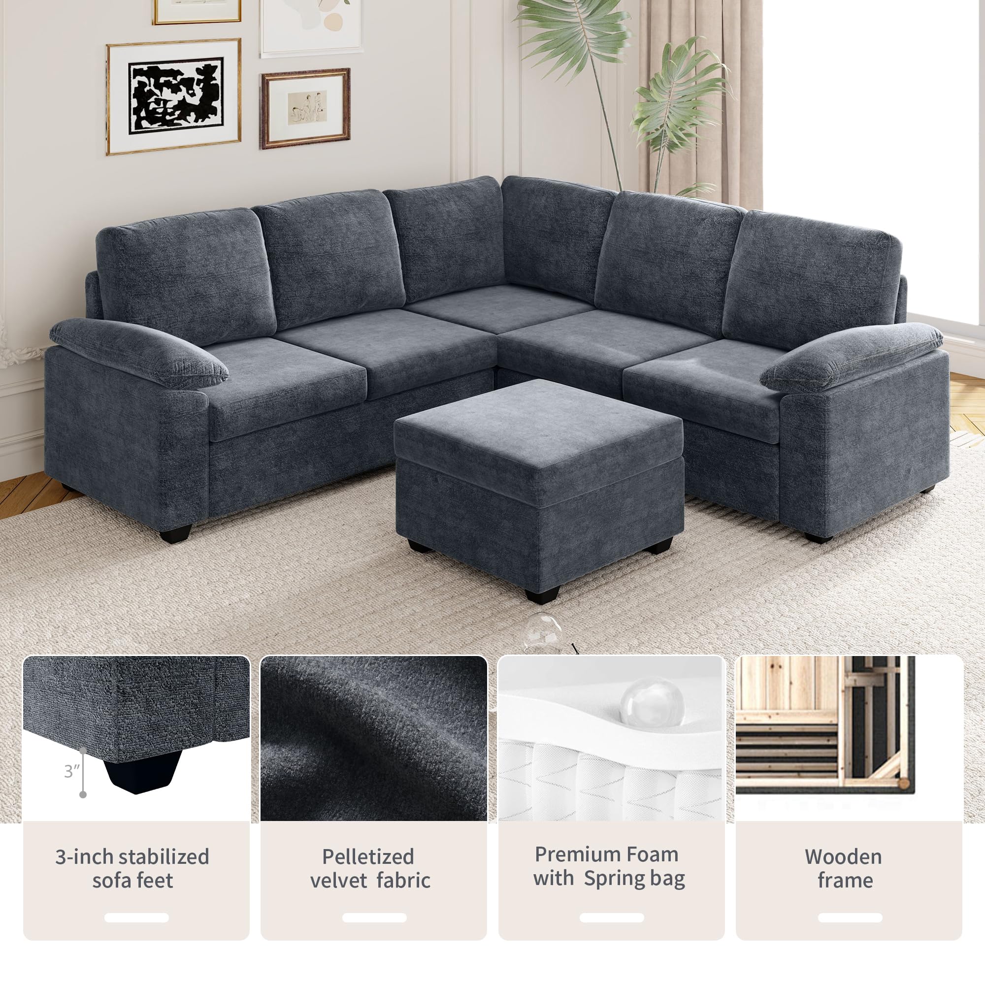 Merax 84"x84" 6 Seat Velvet Sectional Sofa Set, Large L Shaped Corner Couch with Ottoman, Armrest Pillow, Upholstered Indoor Furniture for Living Room, Apartment, Office, Gray