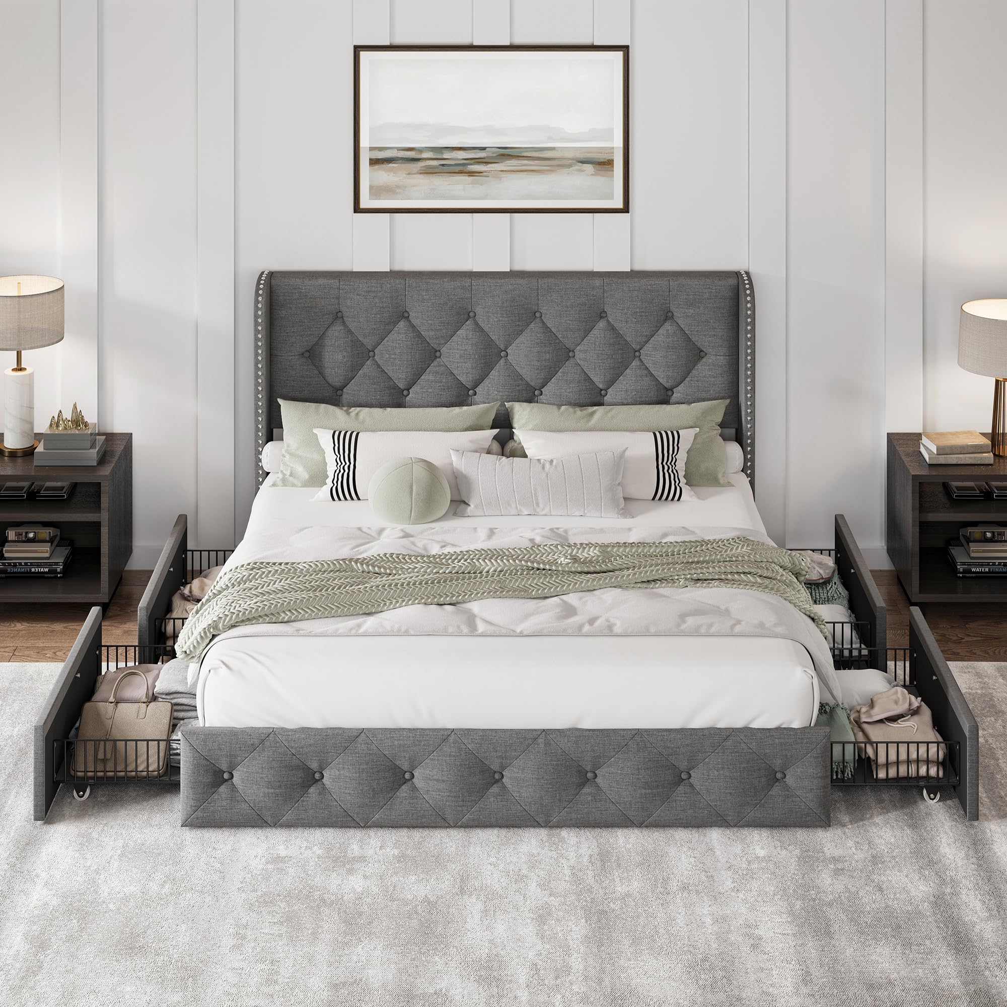 LARMACE Queen Size Bed Frame Linen Upholstered Bed with 4 Storage Drawers and Wingback Headboard Tufted Platform Beds Frame with Wood Slats Support, No Box Spring Needed, Light Grey