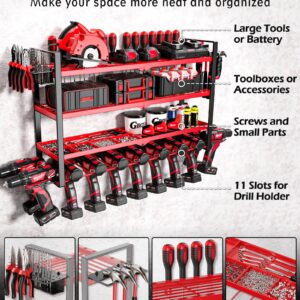 EACONPT Power Tool Organizer, 4 Layer Metal Tool Organizers and Storage, 11 Drill Holder Wall Mount, Power Tool Organizer Wall Mount, Heavy Duty Tool Organizer for Garage Storage, Gifts for Men, Red