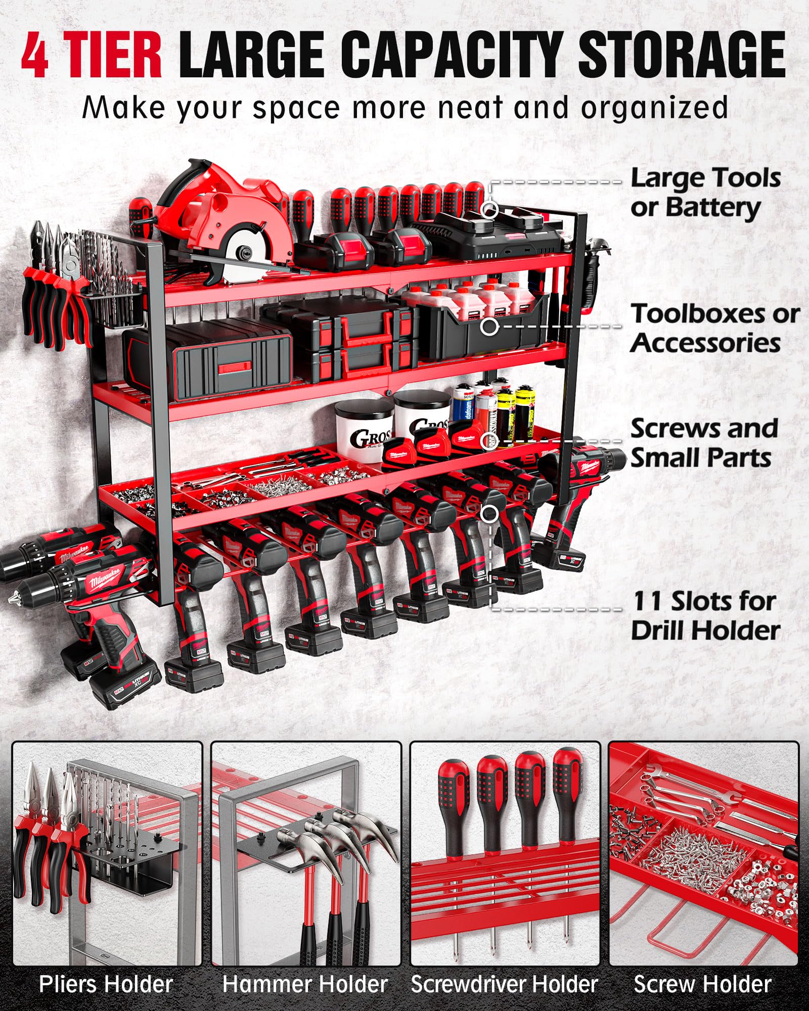 EACONPT Power Tool Organizer, 4 Layer Metal Tool Organizers and Storage, 11 Drill Holder Wall Mount, Power Tool Organizer Wall Mount, Heavy Duty Tool Organizer for Garage Storage, Gifts for Men, Red