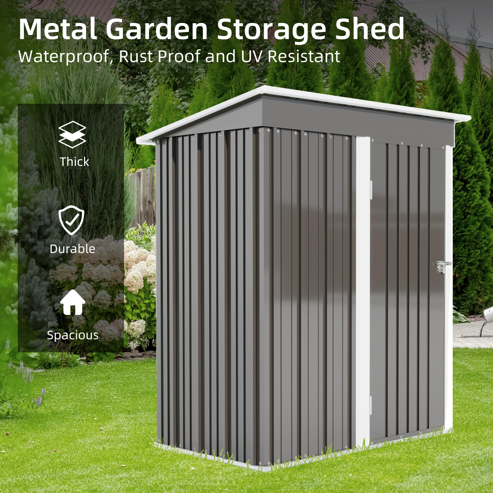 5X3 FT Outdoor Storage Shed, Waterproof Metal Garden Sheds with Lockable Door, Steel Tool Storage Buildings Shed & Outdoor Storage House for Garden, Backyard, Patio, Lawn, Trash Cans(Gray)