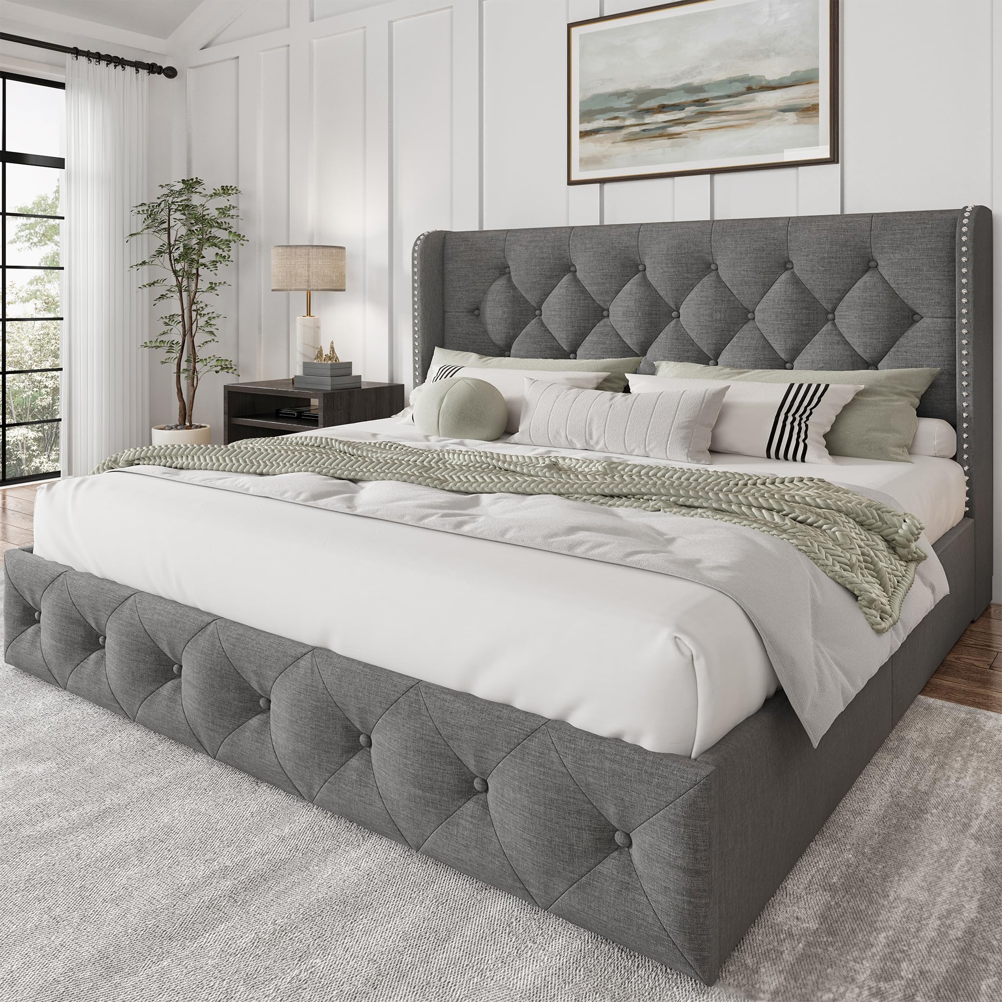 LARMACE Queen Size Bed Frame Linen Upholstered Bed with 4 Storage Drawers and Wingback Headboard Tufted Platform Beds Frame with Wood Slats Support, No Box Spring Needed, Light Grey