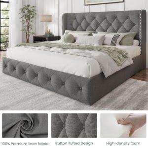 LARMACE Queen Size Bed Frame Linen Upholstered Bed with 4 Storage Drawers and Wingback Headboard Tufted Platform Beds Frame with Wood Slats Support, No Box Spring Needed, Light Grey