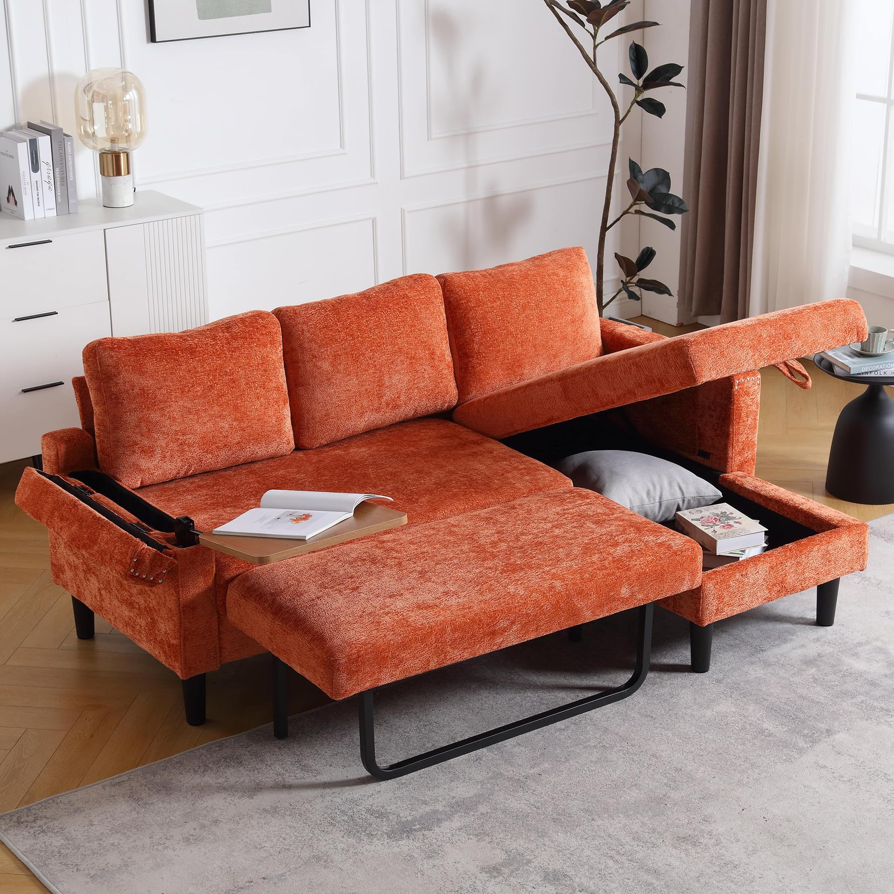 OUYESSIR L Shaped Sleeper Convertible Sofa with Pull Out Bed, Chenille Modern 3 Seater Sofa Couch with Storage Chaise Lounge & Laptop Table, Upholstered Furniture for Living Room Bedroom, Orange