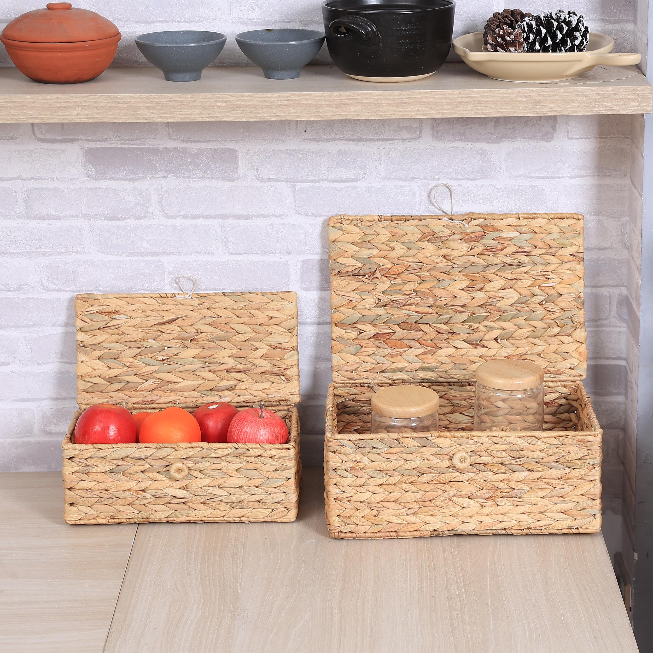 LUSYDECO Set of 3 Wicker Storage Baskets with Lid, Large Rectangular Rattan Basket Decorative Boxes 15"L x 12"W x 7"H, Natural Water Hyacinth Wicker Basket for Shelf Organizer, Nursery Room