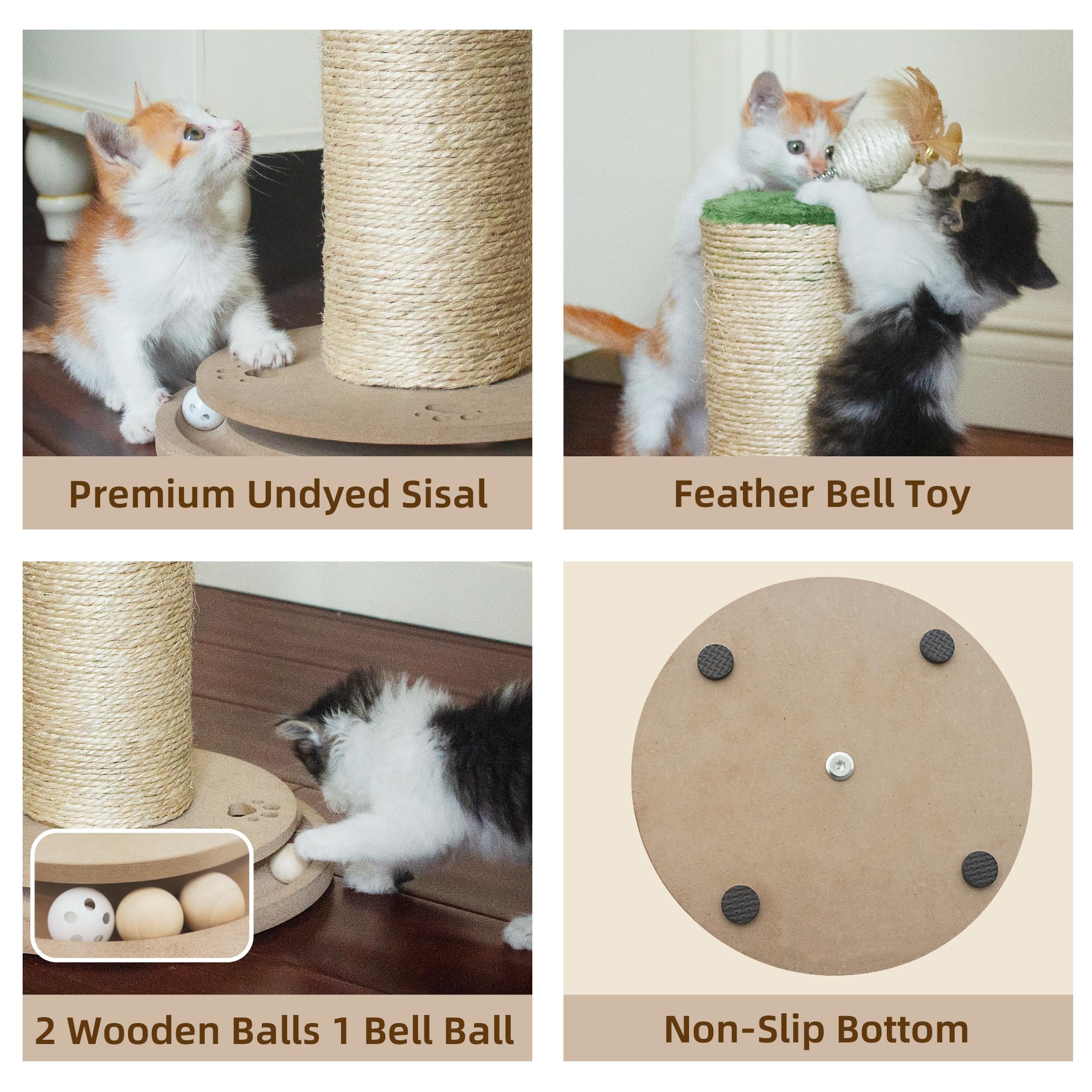 Purrzone Cat Scratching Post 3 in 1 Wooden Cat Toy with Cat Scratcher 17" Tall Cat Scratch Post with Track Balls Interactive Cat Toy for Indoor Kittens Adult Cats