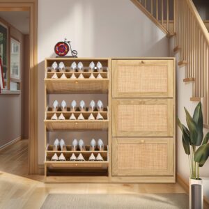 Finnhomy 3 Tier Shoe Cabinet with Natural Rattan Flip Drawers for Entryway, Free Standing Slim Shoe Storage Organizer with Large Top Board, Shoe Cabinet with Adjustable Width Drawers, Natural