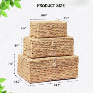 LUSYDECO Set of 3 Wicker Storage Baskets with Lid, Large Rectangular Rattan Basket Decorative Boxes 15"L x 12"W x 7"H, Natural Water Hyacinth Wicker Basket for Shelf Organizer, Nursery Room