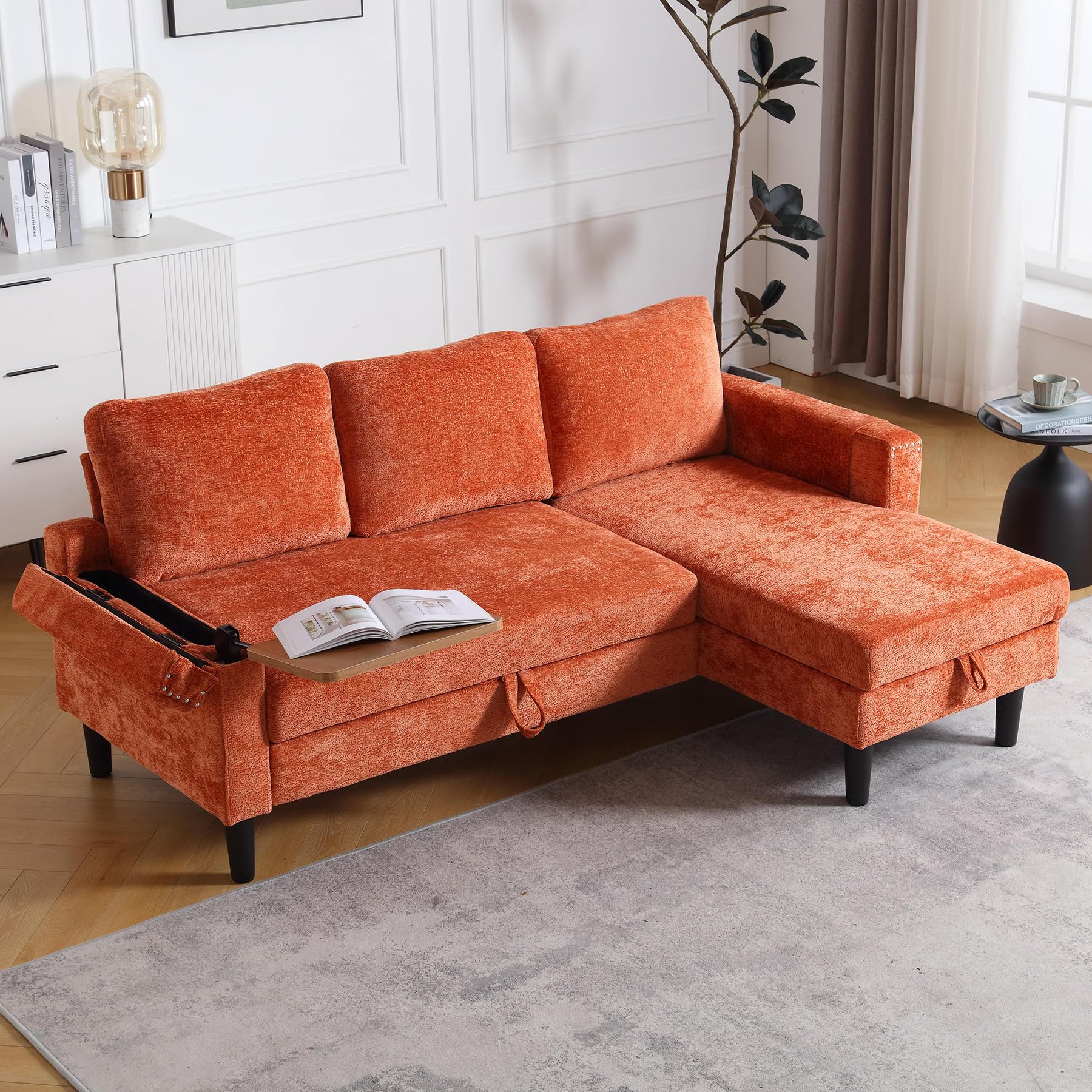 OUYESSIR L Shaped Sleeper Convertible Sofa with Pull Out Bed, Chenille Modern 3 Seater Sofa Couch with Storage Chaise Lounge & Laptop Table, Upholstered Furniture for Living Room Bedroom, Orange