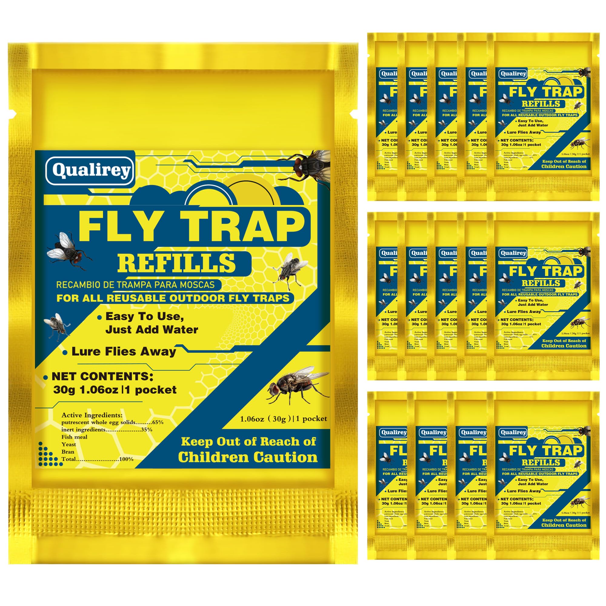 Qualirey 15 Pack Fly Trap Bait Refills, Non Toxic Fly Trap Attractant for Reusable Outdoor Hanging Fly Trap Bottles, 30g Natural Fly Trap Bait Attractant Refills for Outside Fly Killer Bottles