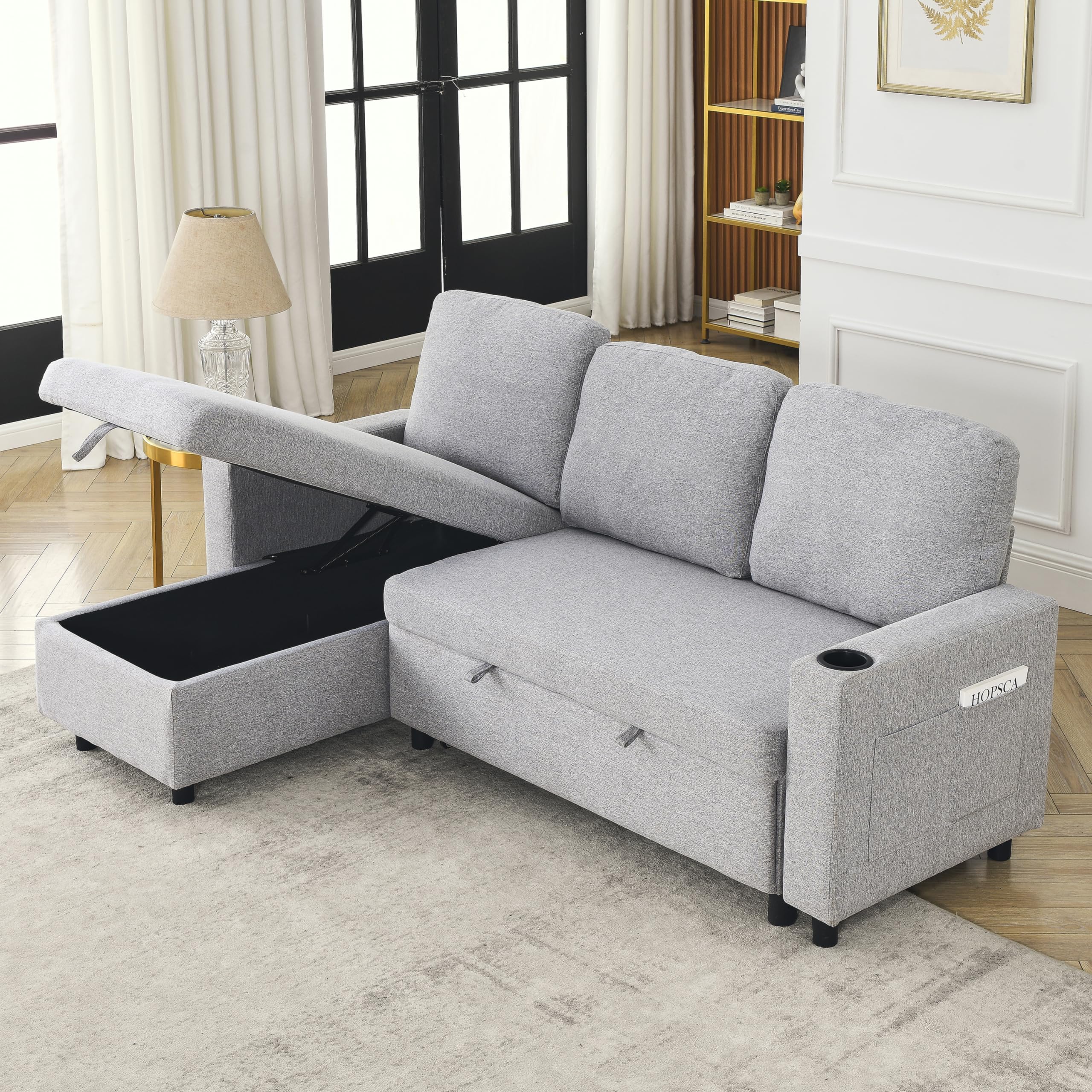 RuiSiSi L-Shaped Combo Sofa Bed, Living Room Furniture Sets for Tight Spaces, Reversible Sleeper Combo Sofa with Pullout Bed for Living Room, Office, Apartment, Light Grey