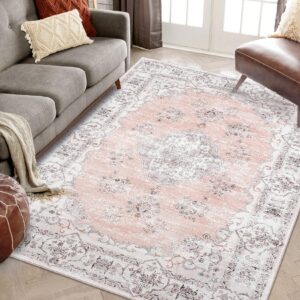 royhome area rug 8x10 washable rugs living room rug non-slip vintage rug ultra thin high traffic rugs soft low pile indoor distressed floor carpet for bedroom dining room, pink