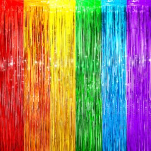 2 pack rainbow foil fringe backdrop curtains, tinsel streamers birthday party decorations, fringe backdrop for graduation, baby shower, gender reveal, disco party